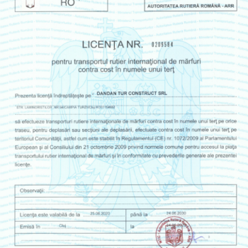 LICENȚĂ PENTRU TRANSPORTUL INTERNAȚIONAL DE MĂRFURI